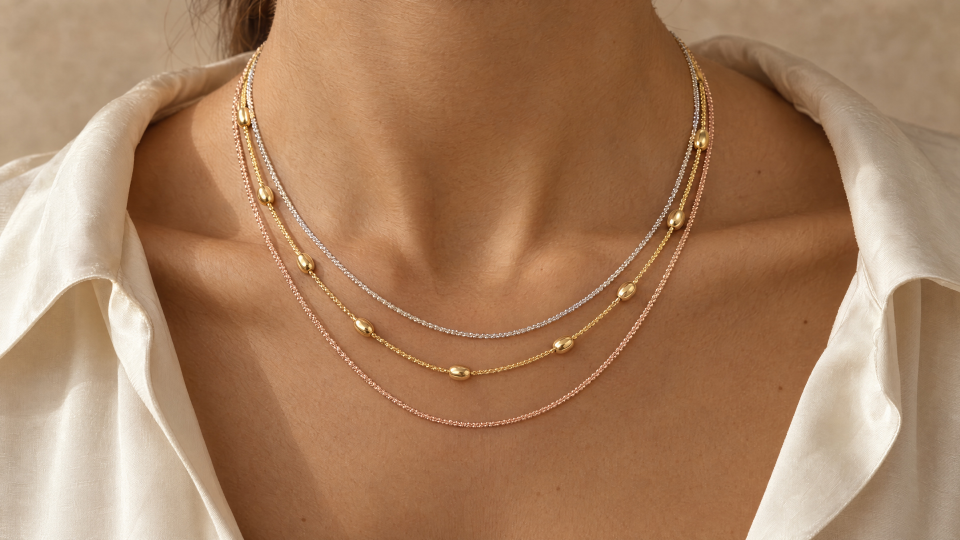 The layered necklace worn at the neckline with an ivory shirt