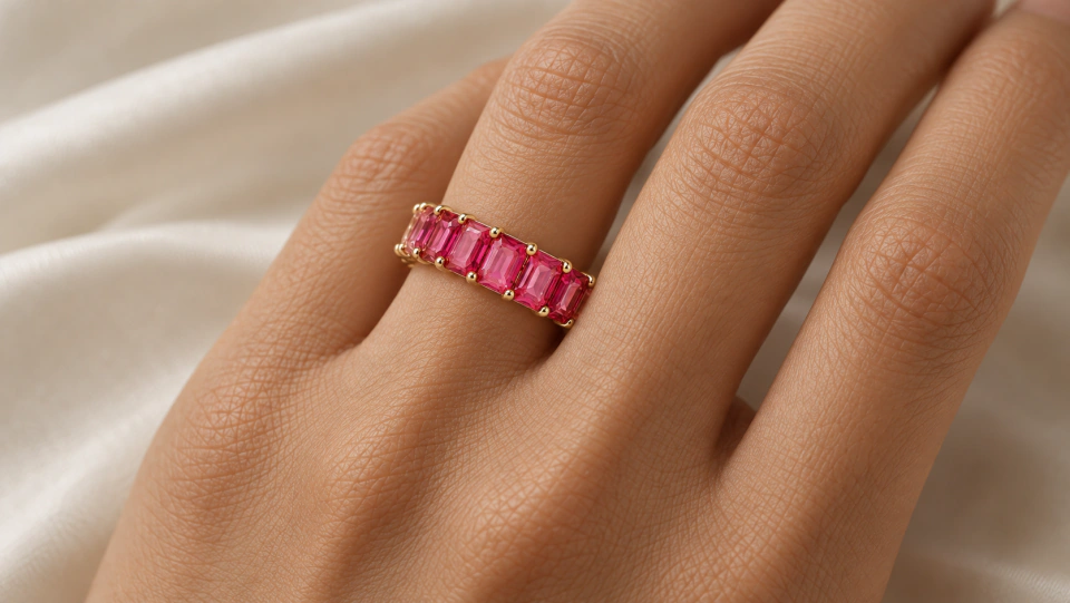 The pink ring worn on a finger above an ivory fabric background